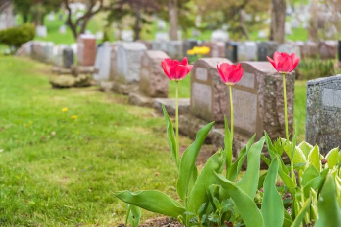A funeral with flowers on the tombstones.