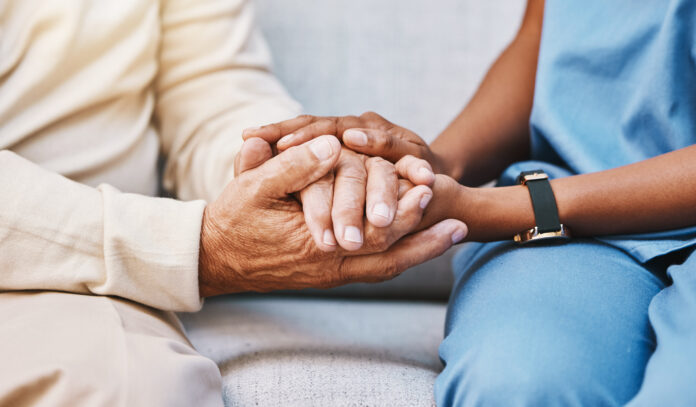 Nurse, hands and senior patient in empathy