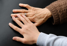 elderly woman's hand with a ring on her finger, old woman's hand and fingers,