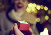 Close up of unrecognizable man proposing his girlfriend.